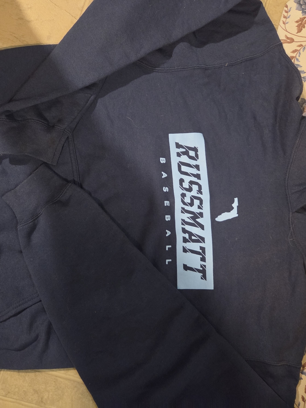 Port and Company Navy Sweatshirt with Light Blue Russell Matt Graphic